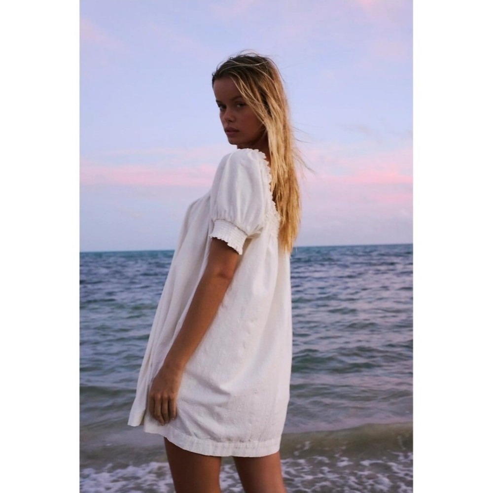 Free People Mila Mini Dress Womens Large Ivory White NWT Smocked Puff Sleeve - Picture 3 of 11